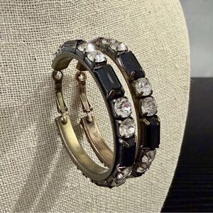 Crystal and Black Hoop Earrings Set in Antique Gold